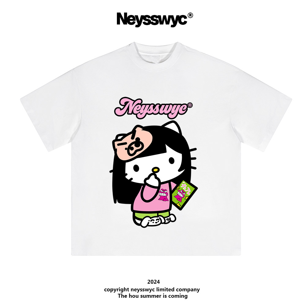 NEYSSWYC 【小新KT】短袖T恤纯色圆领宽松百搭猫咪情侣夏可爱趣味