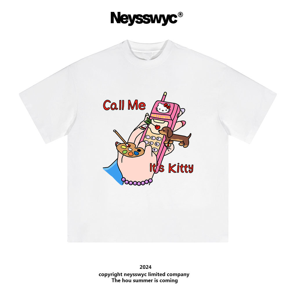 NEYSSWYC 大哥大手机 黑白短袖T恤涂鸦趣味猫T恤宽松情侣夏美式kt