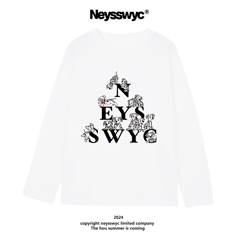 NEYSSWYC 斑点狗黑白动漫长袖T恤宽松百搭磨毛涂鸦小众情侣春秋冬