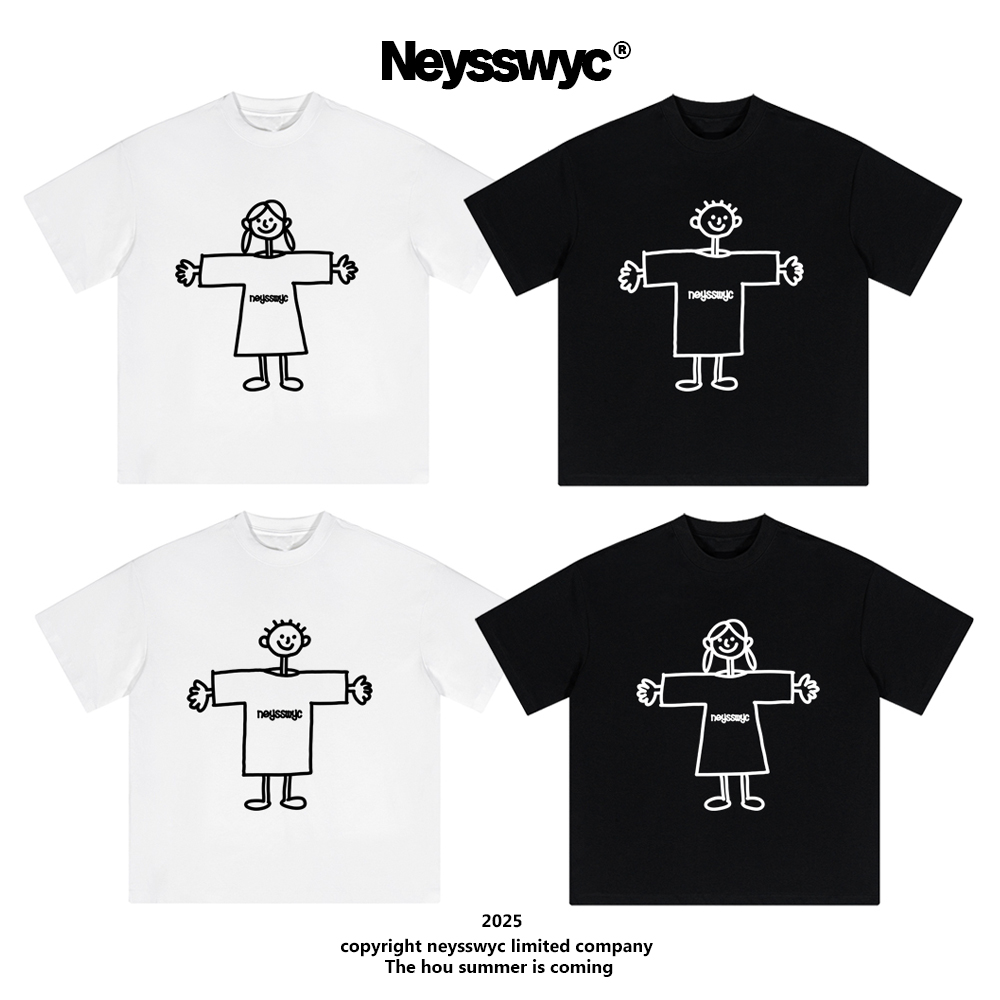 NEYSSWYC 夏日酷暑情侣装黑白短袖T恤手绘涂鸦百搭宽松线条休闲夏