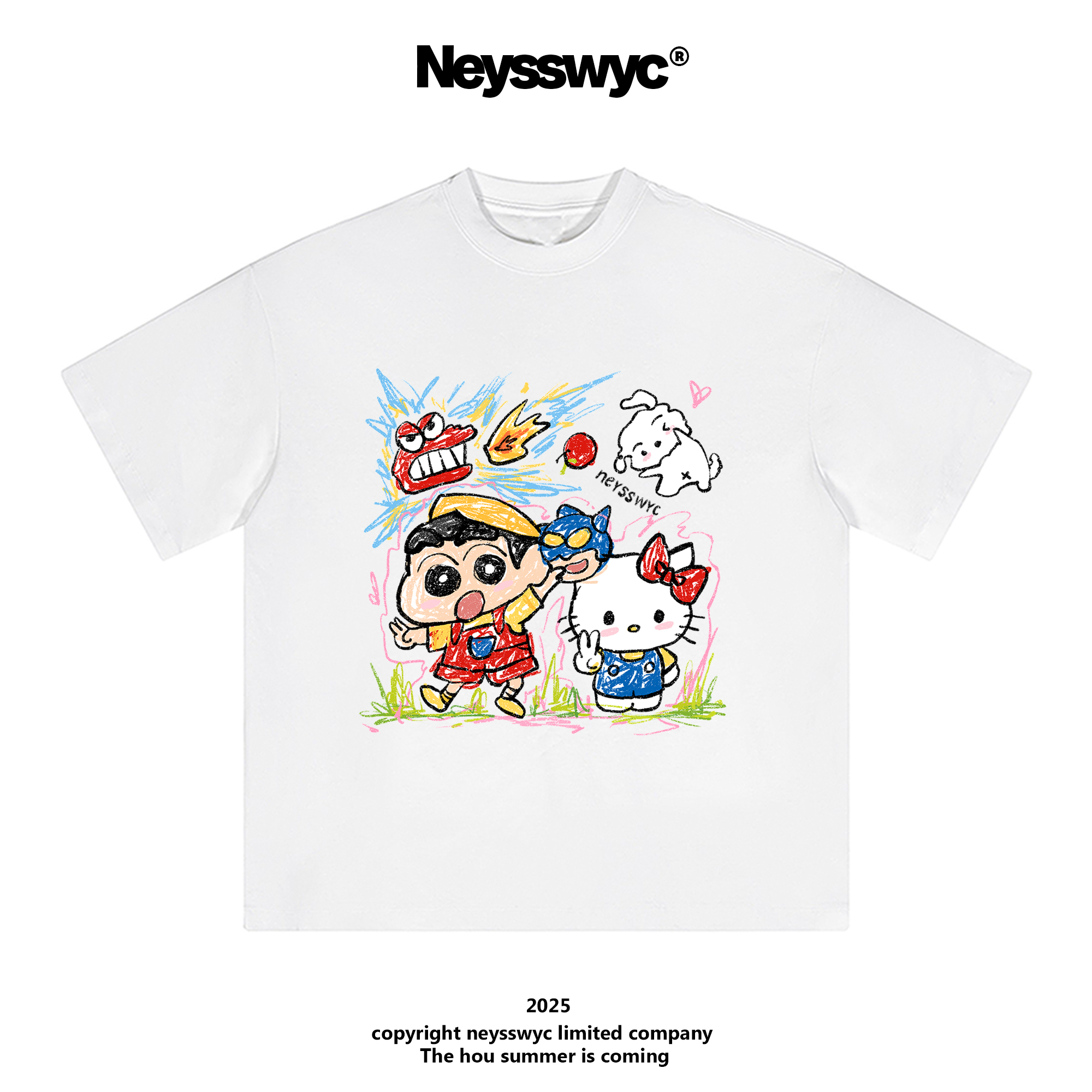 NEYSSWYC 【小新】手绘趣味可爱卡通短袖T恤粉夏季宽松小众新款白