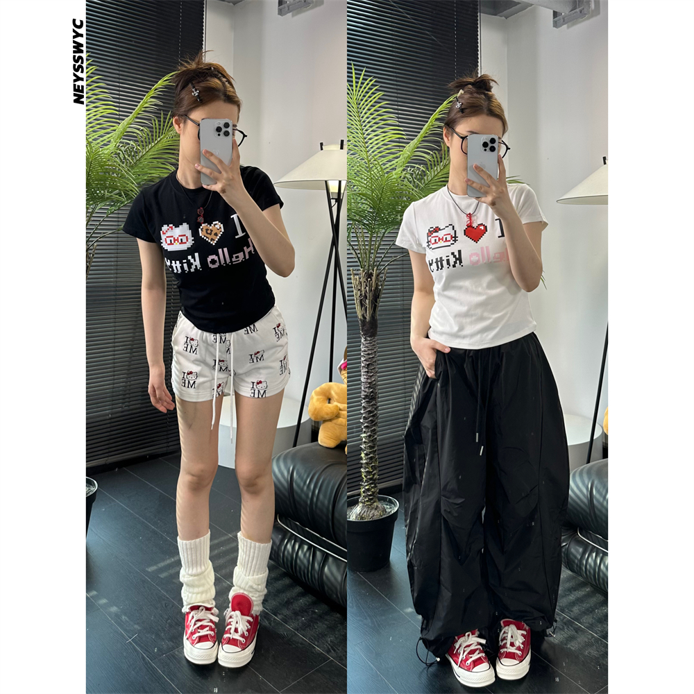 NEYSSWYC 像素风纯色沙漏T恤可爱猫咪修身印花夏季短袖显瘦百搭