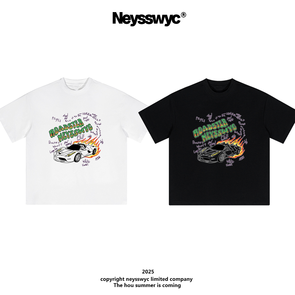 NEYSSWYC 【火焰赛车】重磅黑白宽松百搭夏涂鸦T恤