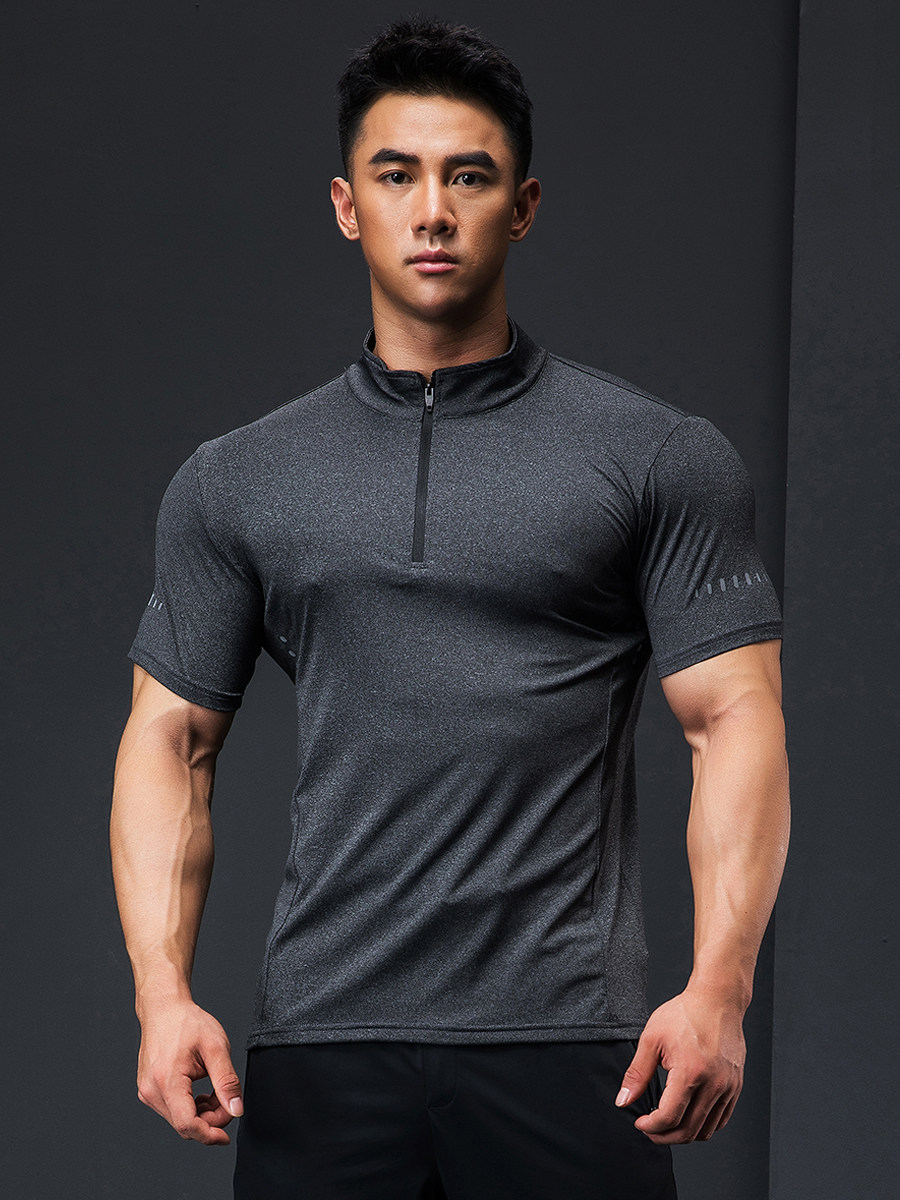 Line iron Wolf fitness suit men's sports quick-drying breathable high elastic collar short-sleeved T-shirt muscle training sweat-absorbing top