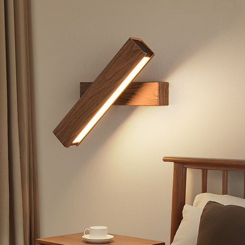 斯迈欧法式中古风壁灯日式复古卧室床头灯具胡桃木纹可旋转阅读灯