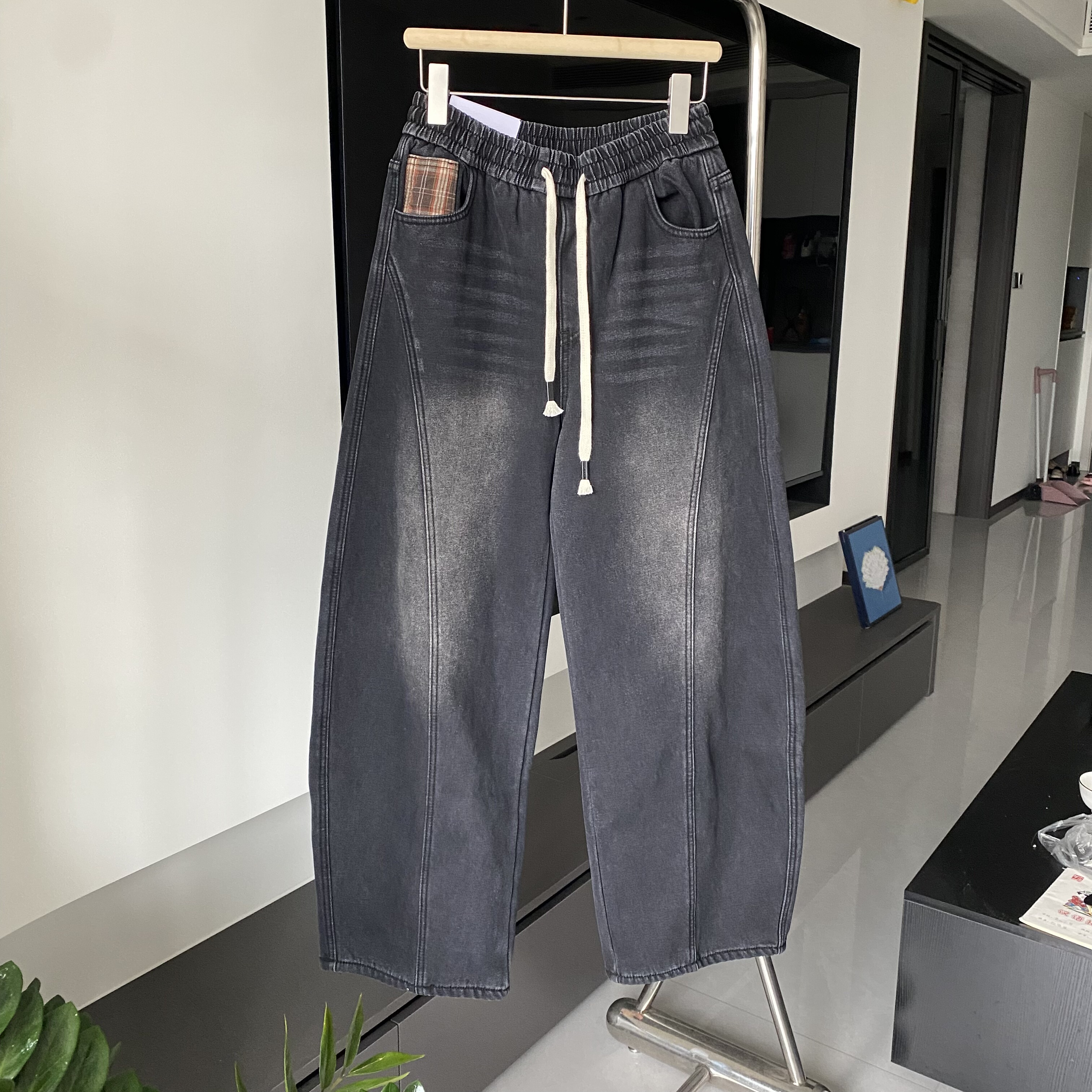 美式冬季加绒加厚韩版弯刀裤男潮牌宽松休闲百搭直筒裤做旧牛仔裤