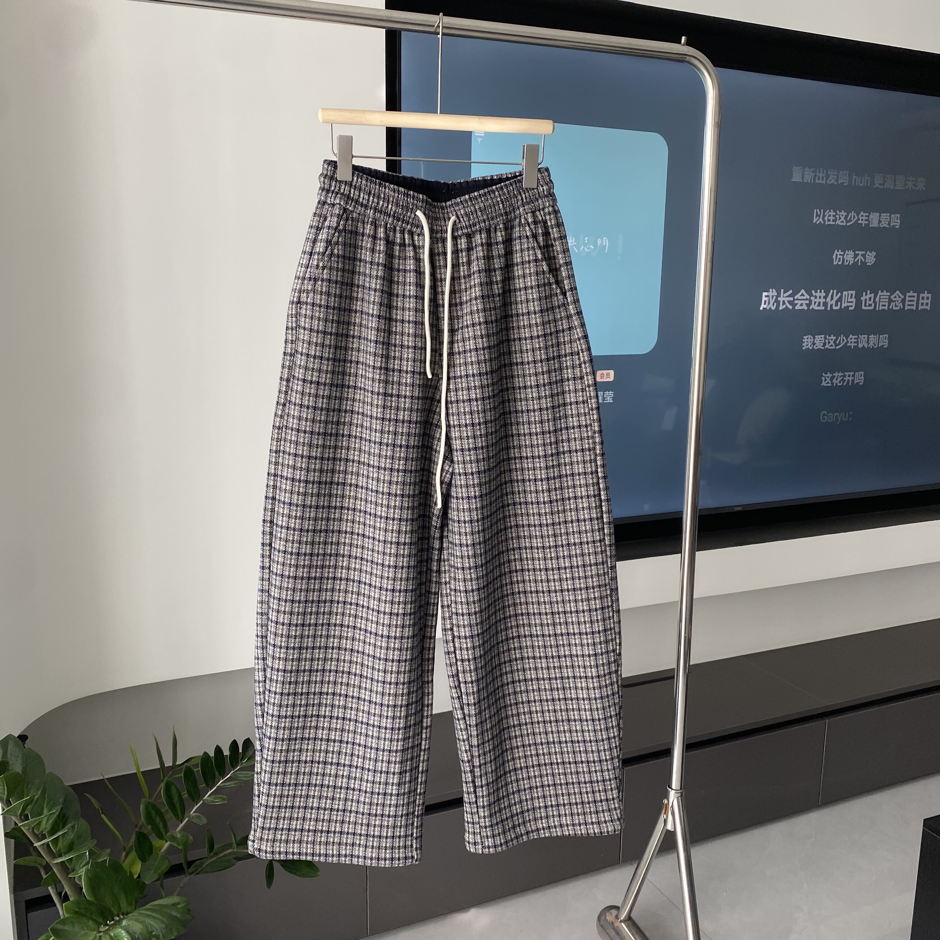 高货日系复古冬加绒韩版千鸟格休闲裤男潮牌宽松休闲阔脚直筒长裤