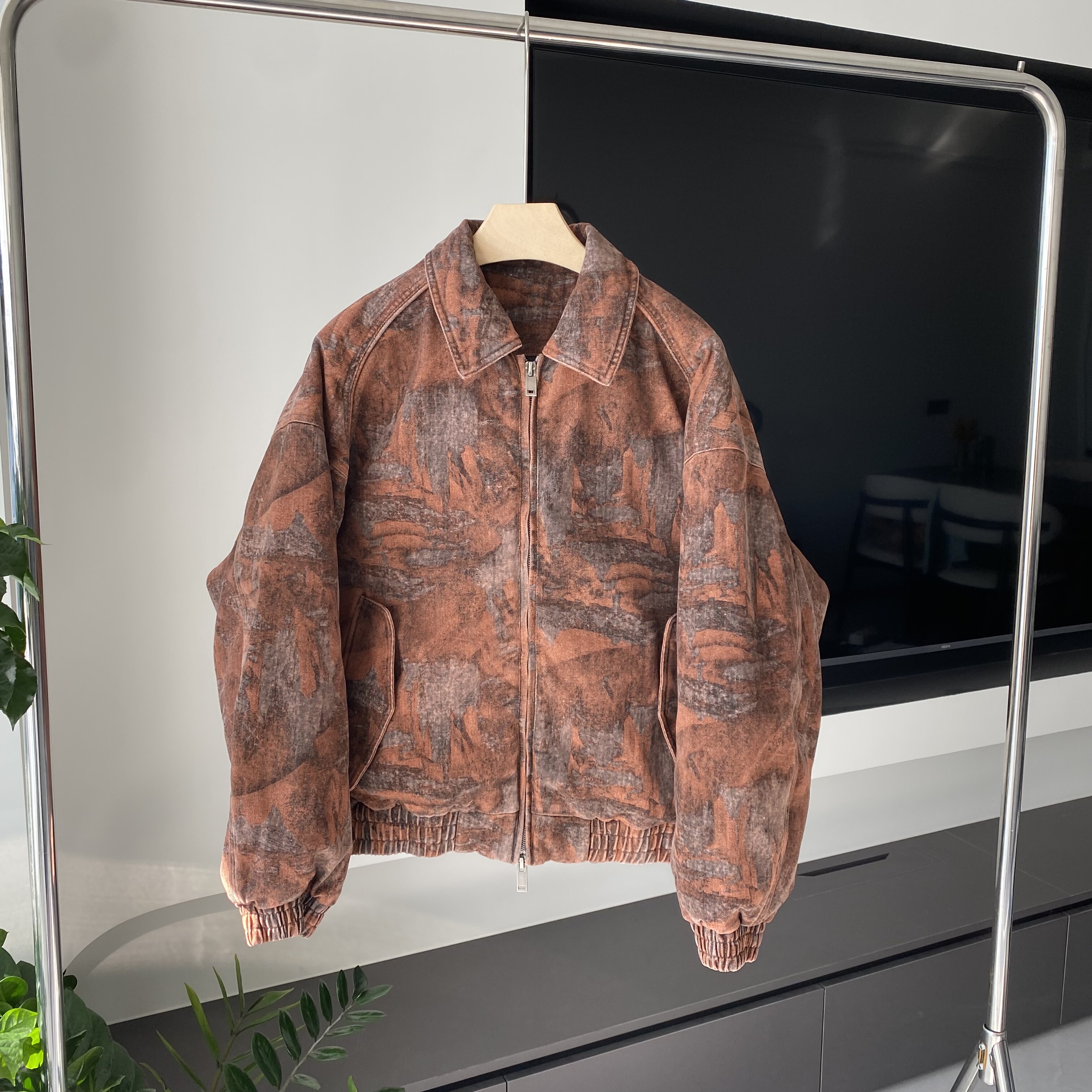 日系复古冬季韩版翻领夹克羽绒服油彩画牛仔棉90白鸭绒男潮牌外套