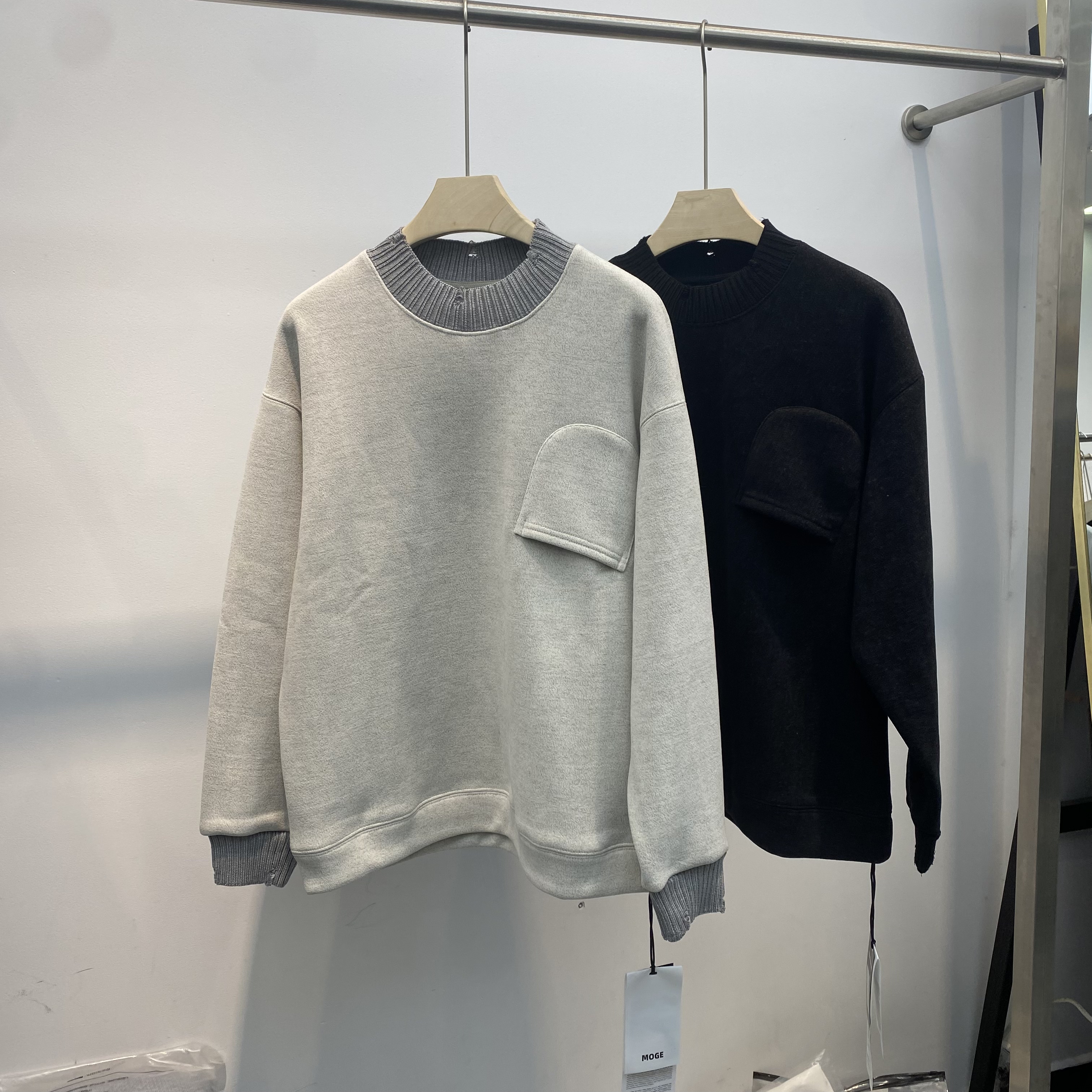 韩系设计师款冬加绒加厚针织领破洞卫衣男宽松潮牌慵懒风休闲上衣