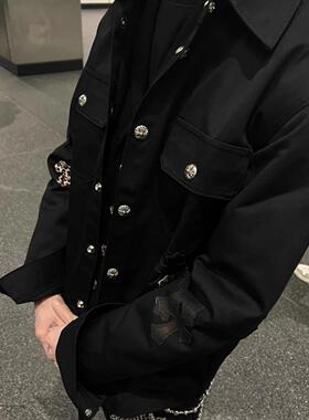 美式潮牌工装夹克26春季豹纹皮标翻领牛仔衬衫外套男女宽松