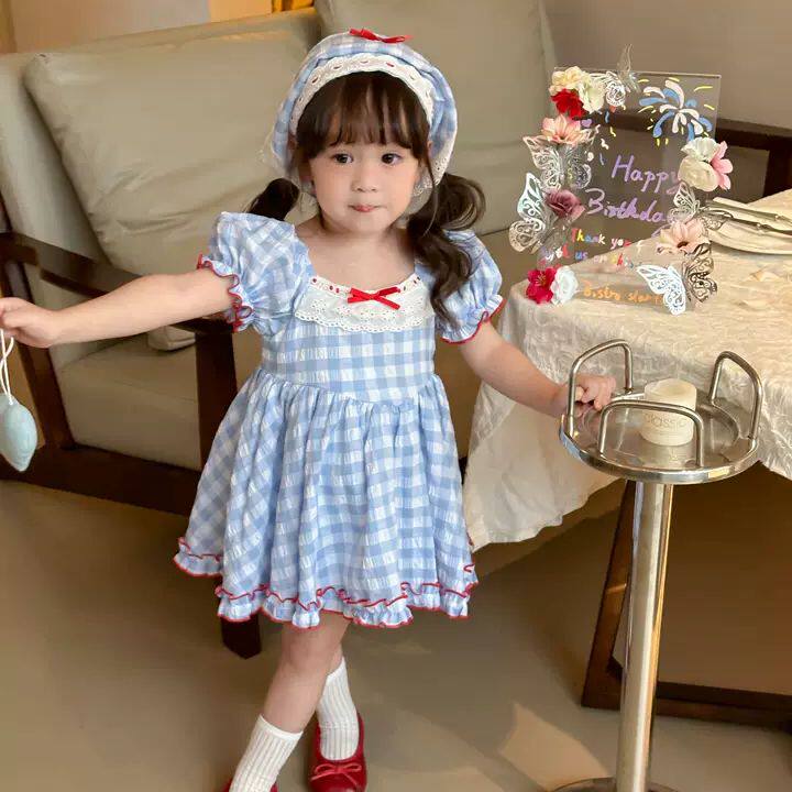 女童法式甜美公主裙夏季新款中小童女孩田园风蓝色格子短袖连衣裙