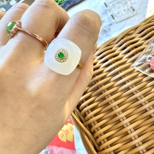 天然和田玉白玉平安扣翡翠危料戒指纯银s925女款个性夸张复古百搭