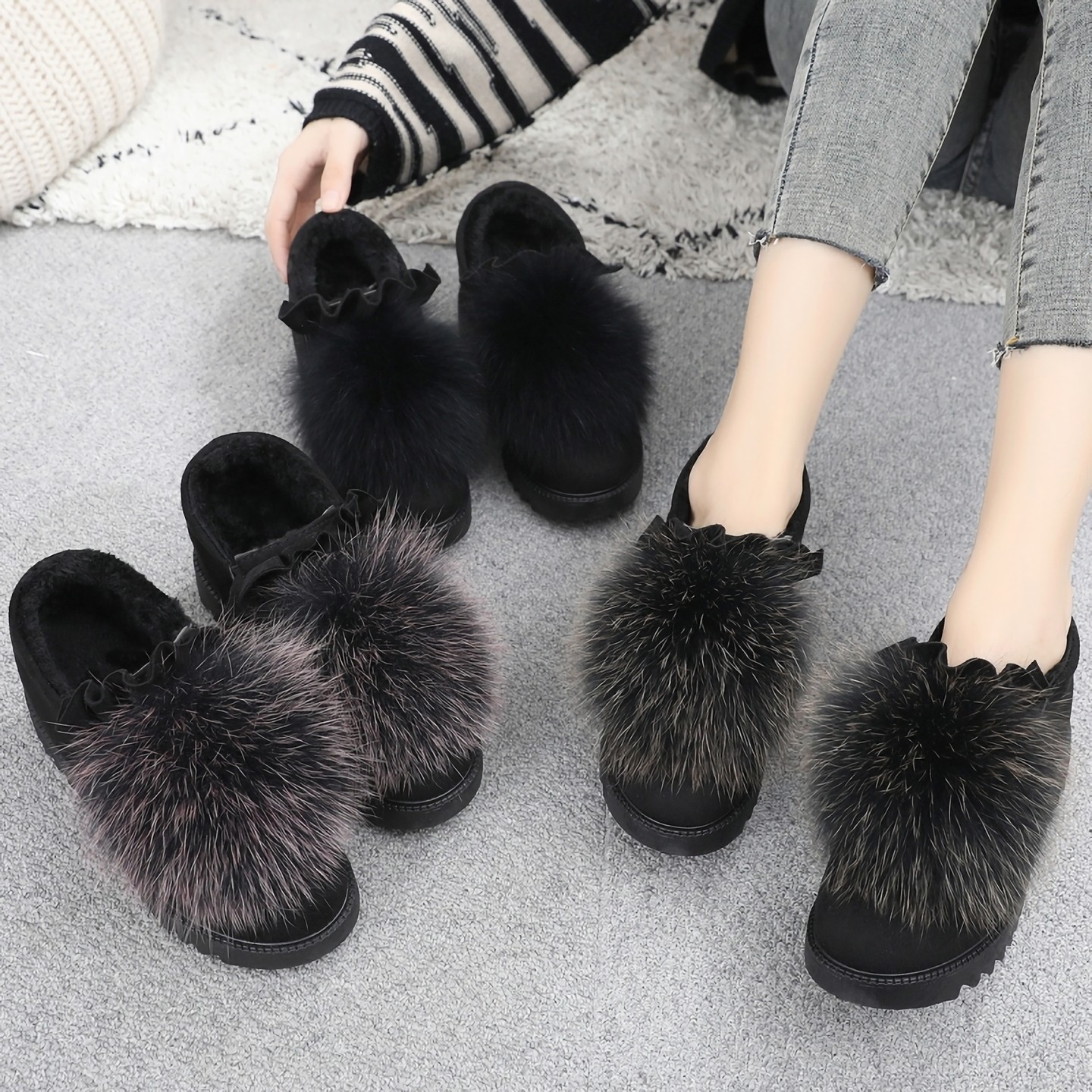 新款厚底坡跟中跟毛毛鞋女士秋冬雪地靴外穿内增高豆豆鞋加绒棉鞋,女鞋,时尚雪地靴,淘宝优惠券,粉丝福利购,淘宝优惠卷