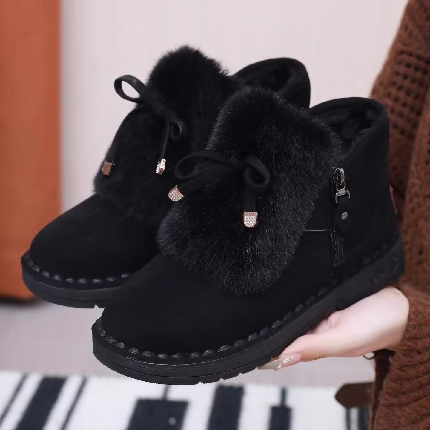 冬天雪地靴女士短筒蝴蝶结加厚保暖平底加绒大棉鞋时尚侧拉链短靴,女鞋,时尚雪地靴,淘宝优惠券,粉丝福利购,淘宝优惠卷