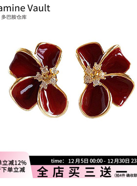 多巴胺仓库」花浔.复古红色珐琅花朵耳钉轻奢气质小众高级感耳环