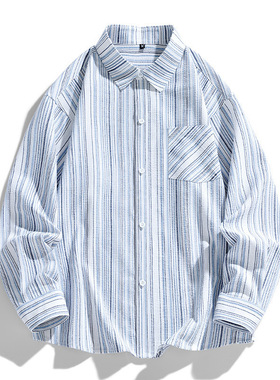 黁白阔版宽松 条纹衬衫男 棉质 外穿 薄外套 日系中性衬衣