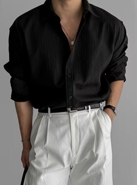 跨境黑色衬衫男士长袖韩版外套潮流休闲垂坠感白衬衣男夏季宽松版