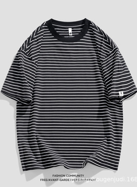 鲲海鹏云条纹短袖t恤男夏季薄款休闲宽松男生海魂半袖情侣体恤衫