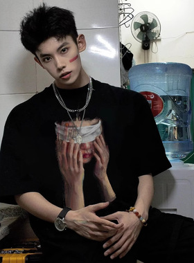 2025美式复古高街蒙眼女孩短袖t恤男夏季潮牌宽松情侣棉重磅