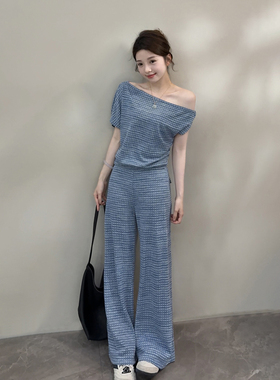 颂宋 夏季新款简约休闲斜肩短上衣搭配高腰阔腿裤女款套装DT2030