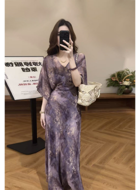 大婷婷 夏季新款新中式紫色碎花收腰显瘦气质长款连衣裙DT2255