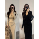 连衣裙长裙冬季 显瘦长袖 小众褶皱连衣裙DT1799 V领长袖 大婷婷