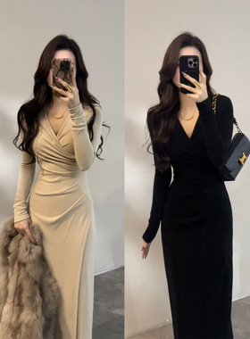 大婷婷 V领长袖显瘦长袖连衣裙长裙冬季小众褶皱连衣裙DT1799