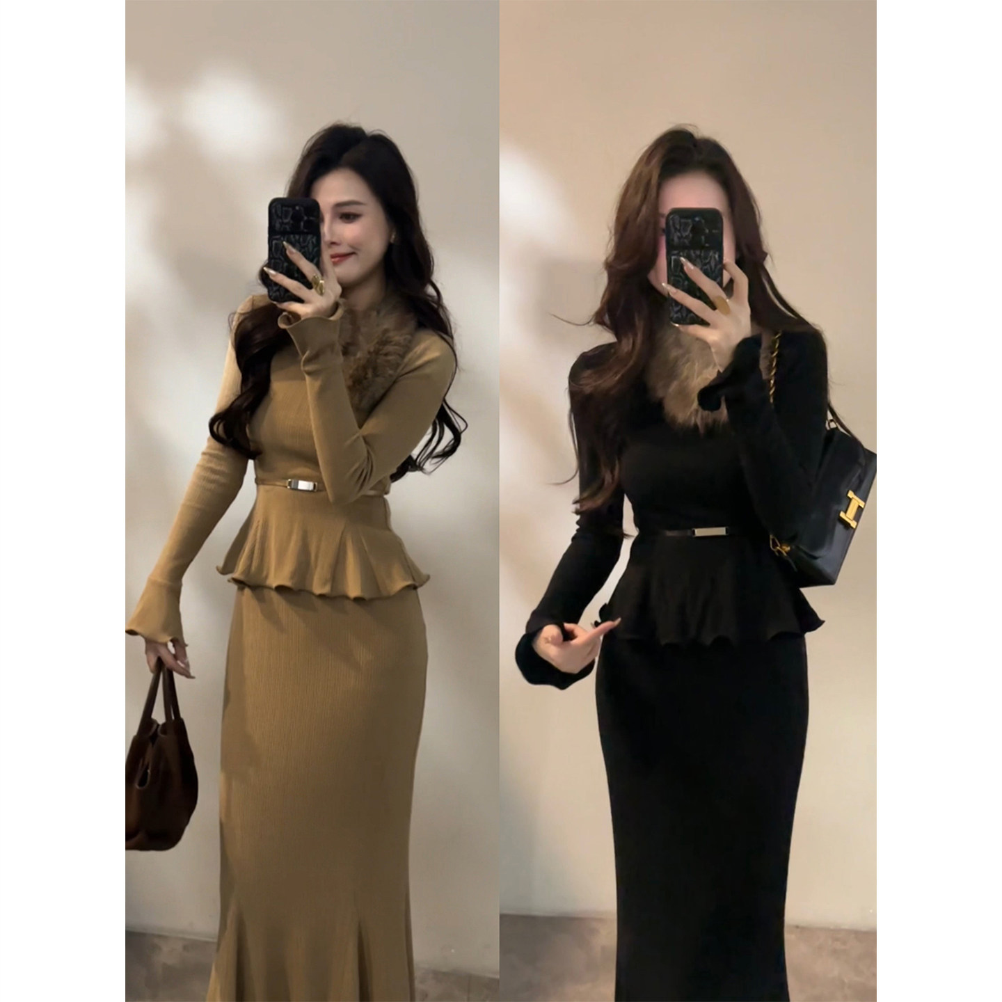 大婷婷 秋冬新款拼接毛毛领喇叭袖荷叶边长袖鱼尾裙套装DT1829,女装/女士精品,时尚套装,淘宝优惠券,粉丝福利购,淘宝优惠卷