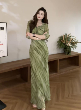 大婷婷 夏季新款复古晕染收腰中袖抽绳显瘦气质连衣裙DT2298