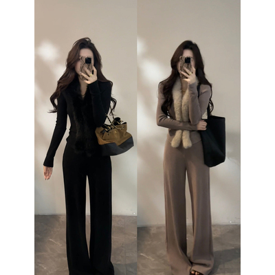 大婷婷 新款时尚显瘦气质拼接毛毛领长袖直筒休闲修身套装DT1797