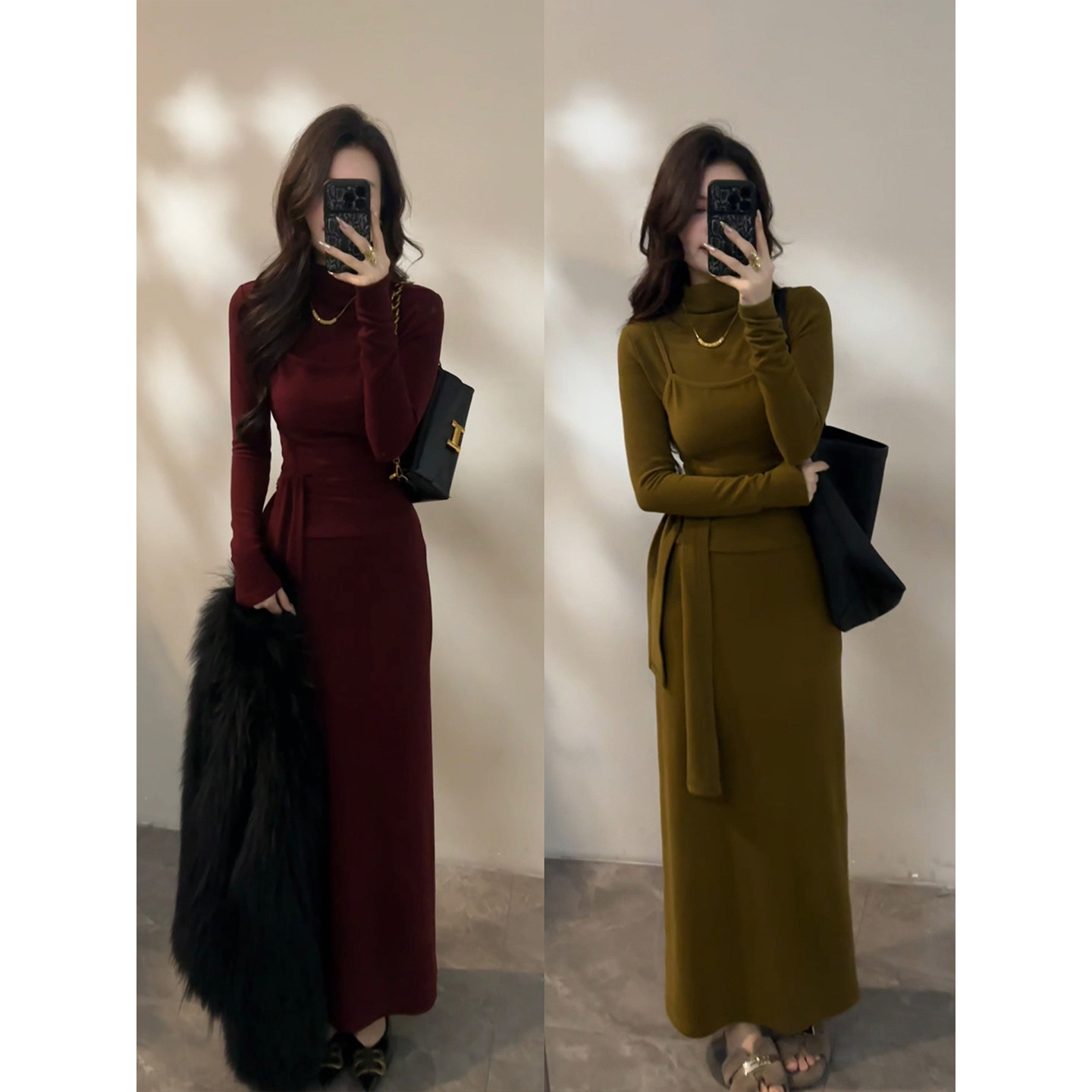 大婷婷 时尚显瘦长袖吊带假两件复古小众气质百搭连衣裙DT1836