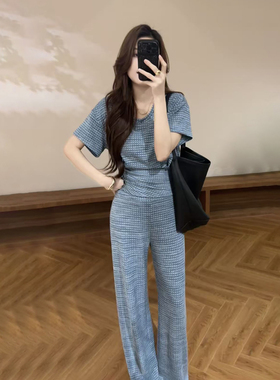 大婷婷 夏季新款简约休闲短上衣显瘦收腰阔腿裤女款套装DT2181