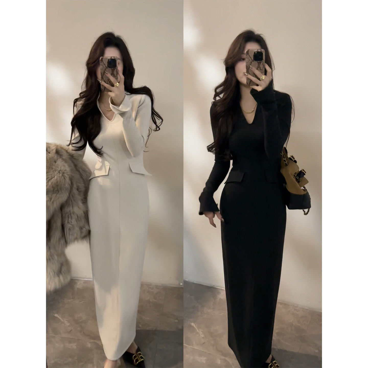 大婷婷 冬季新款V领假口袋短裙设计感长裙修身直筒连衣裙DT1788