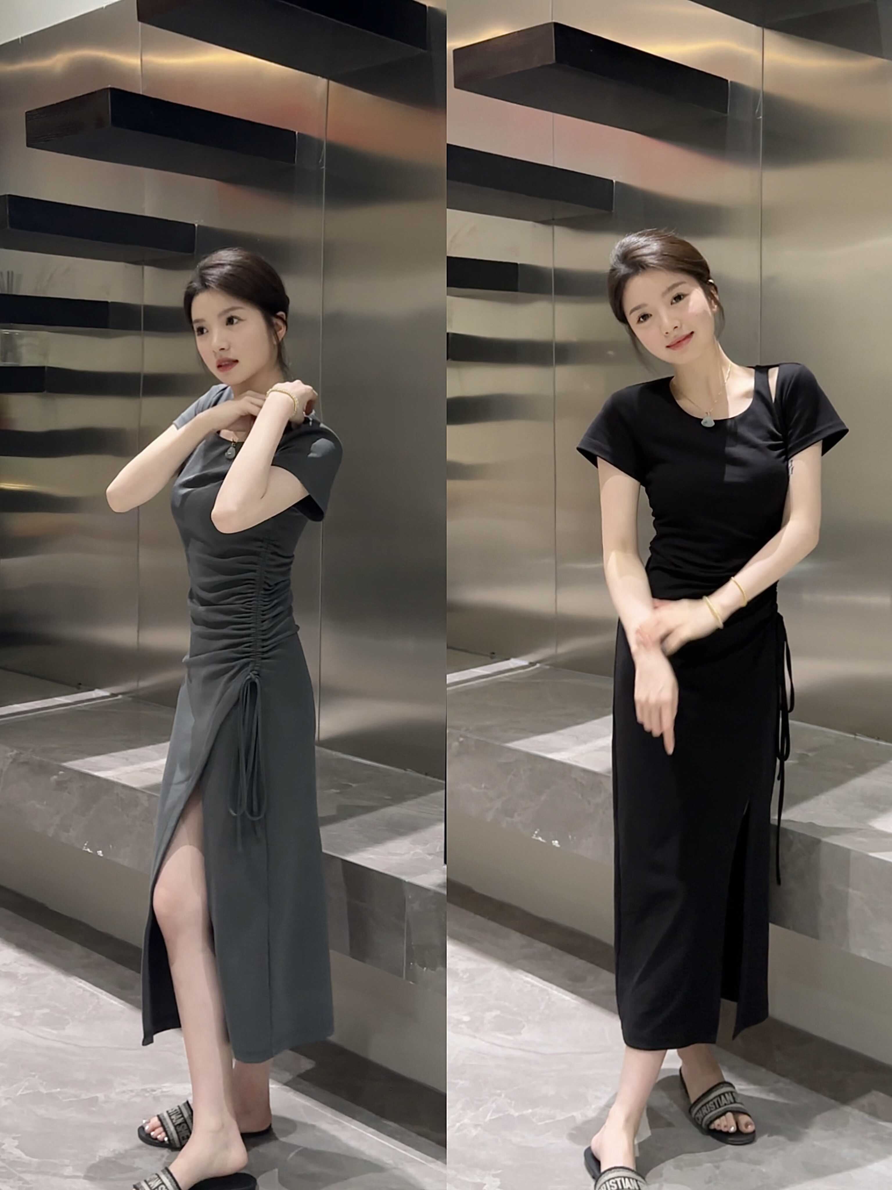 大婷婷 夏季收腰褶皱修身设计感开叉连衣裙DT0133