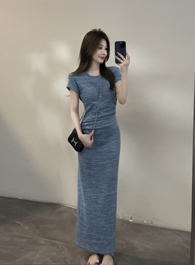 宥妍 夏季新款设计感褶皱收腰圆领短袖显瘦休闲连衣裙DT2003