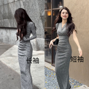 大婷婷新款时尚法式V领显瘦长款皱褶复古气质两件套DT065