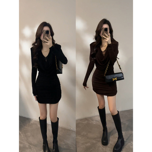 显瘦裙子DT1805 秋冬时尚 大婷婷 拼接蕾丝辣妹荡领褶皱连衣裙长袖