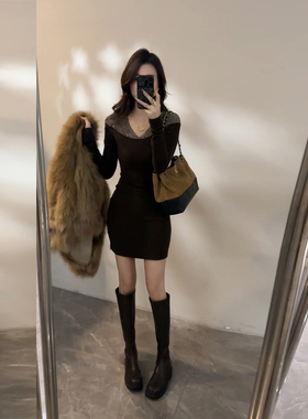 大婷婷 长袖时尚短裙亮片拼接网纱秋冬季新款修身连衣裙DT1832