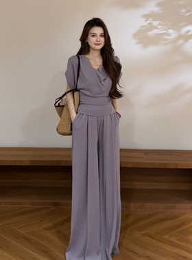 大婷婷 夏季慵懒松弛感荡领显瘦短袖上衣阔腿裤时尚套装DT2211