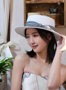 黑白条纹蝴蝶结平顶帽法式平顶沙滩白色编织草帽旅游百搭气质帽子