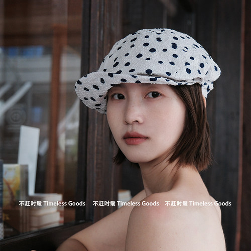 日系白底波点鸭舌帽女夏季轻薄泡泡纱八角帽休闲显脸小画家贝雷帽