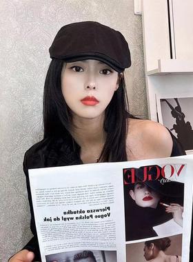 英伦复古黑色前进帽简约鸭舌帽画家帽百搭网红款大头围女款秋冬季