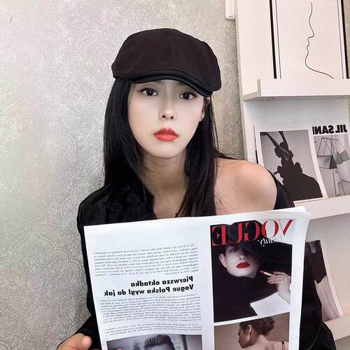 英伦复古黑色前进帽简约鸭舌帽画家帽百搭网红款大头围女款秋冬季