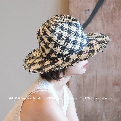 复古黑白格纹毛边草编帽女夏大檐遮阳渔夫帽韩系休闲百搭度假草帽
