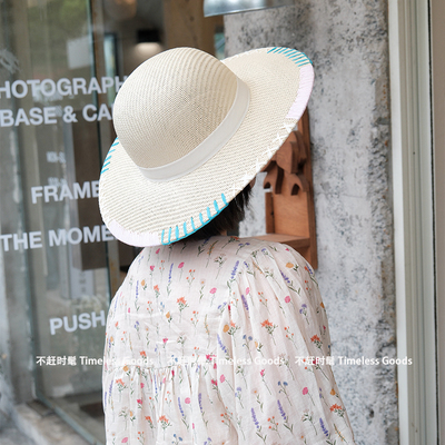 大檐拼色草编沙滩帽女防晒显脸小