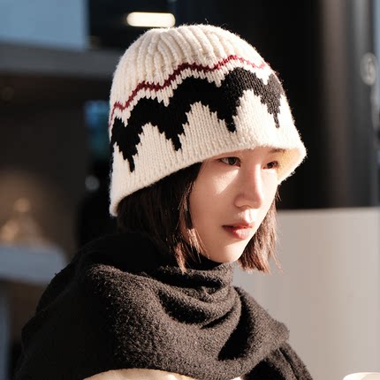 费尔岛风针织渔夫帽女秋冬保暖提花毛线帽百搭显脸小盆帽渔夫帽子