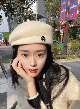 秋冬羊毛呢白色贝雷帽女英伦复古画家帽法式优雅气质名媛马术帽