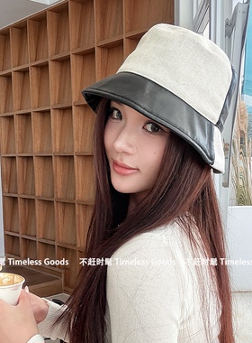 PU皮拼接棉麻渔夫帽设计师款女秋冬大头围黑白色水桶帽显脸小盆帽