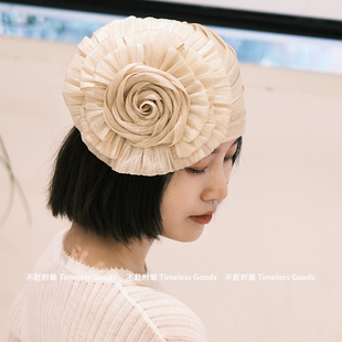 立体花朵金丝草旋转扭檐优雅圆顶褶皱礼帽波奈特帽晚宴名怜千金感