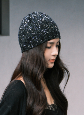 赵露思同款小香风亮片包头帽女秋冬小众手工编织黑色冷帽子显头小